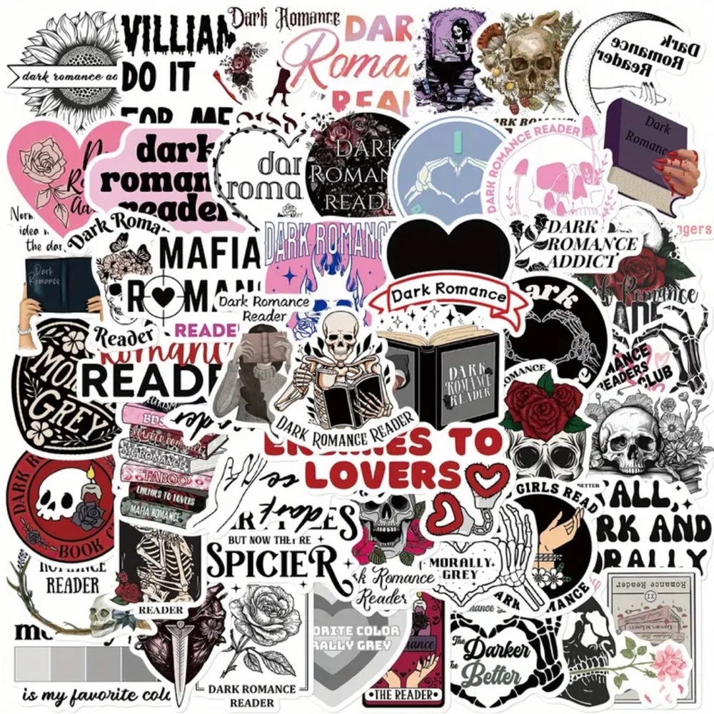 Dark Romance Sticker Set of 50 Black, White, Red Books Reading